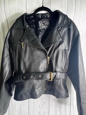 Vintage Tannery West Black Leather Biker Jacket Women's Size Large Retro 90s